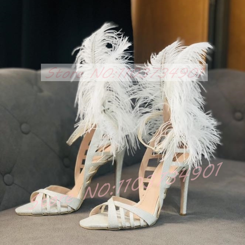 Gladiator Sandal Women - Glam Feather Sequins Stiletto Sandals Women