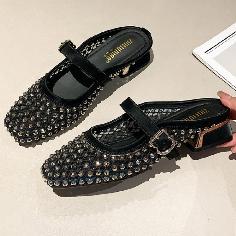 Square Toe Mule - Mesh Rhinestone Chunky Heel Mules Slippers