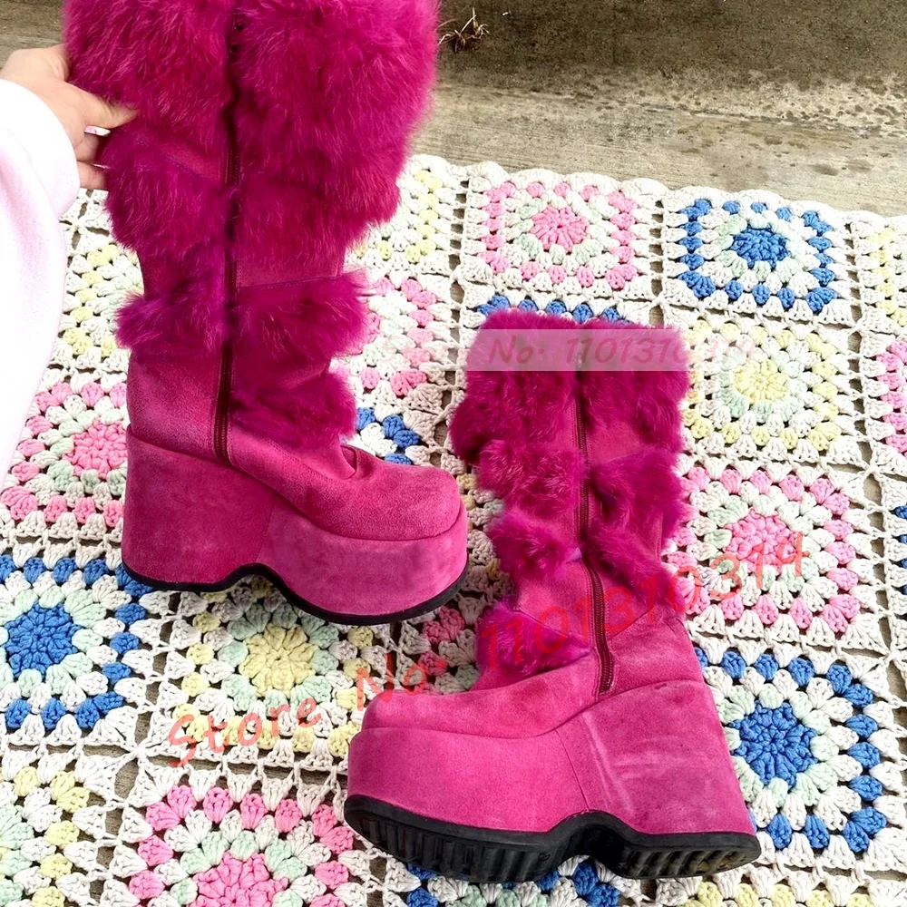Kids Shoes Women - Hot Pink Thick-sole Furry Knee Boots
