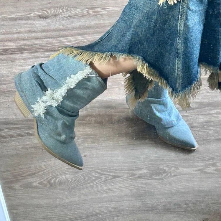 Pleated Denim Ankle Boots Wome - Women Shoes Jeans review and price