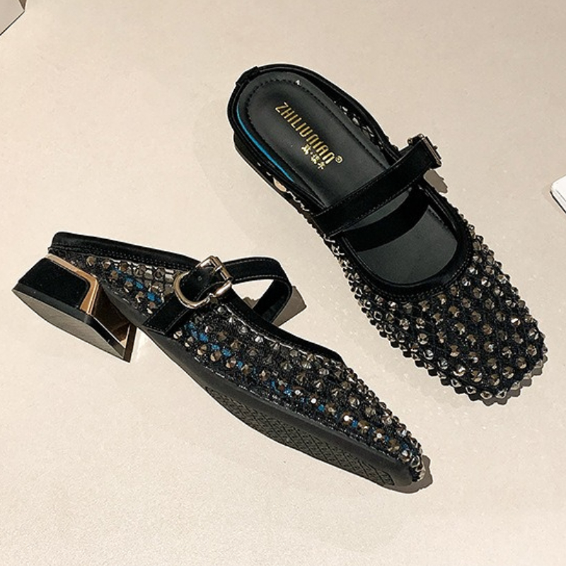 Mesh Rhinestone Chunky Heel Mu - Square Toe Mule review and price